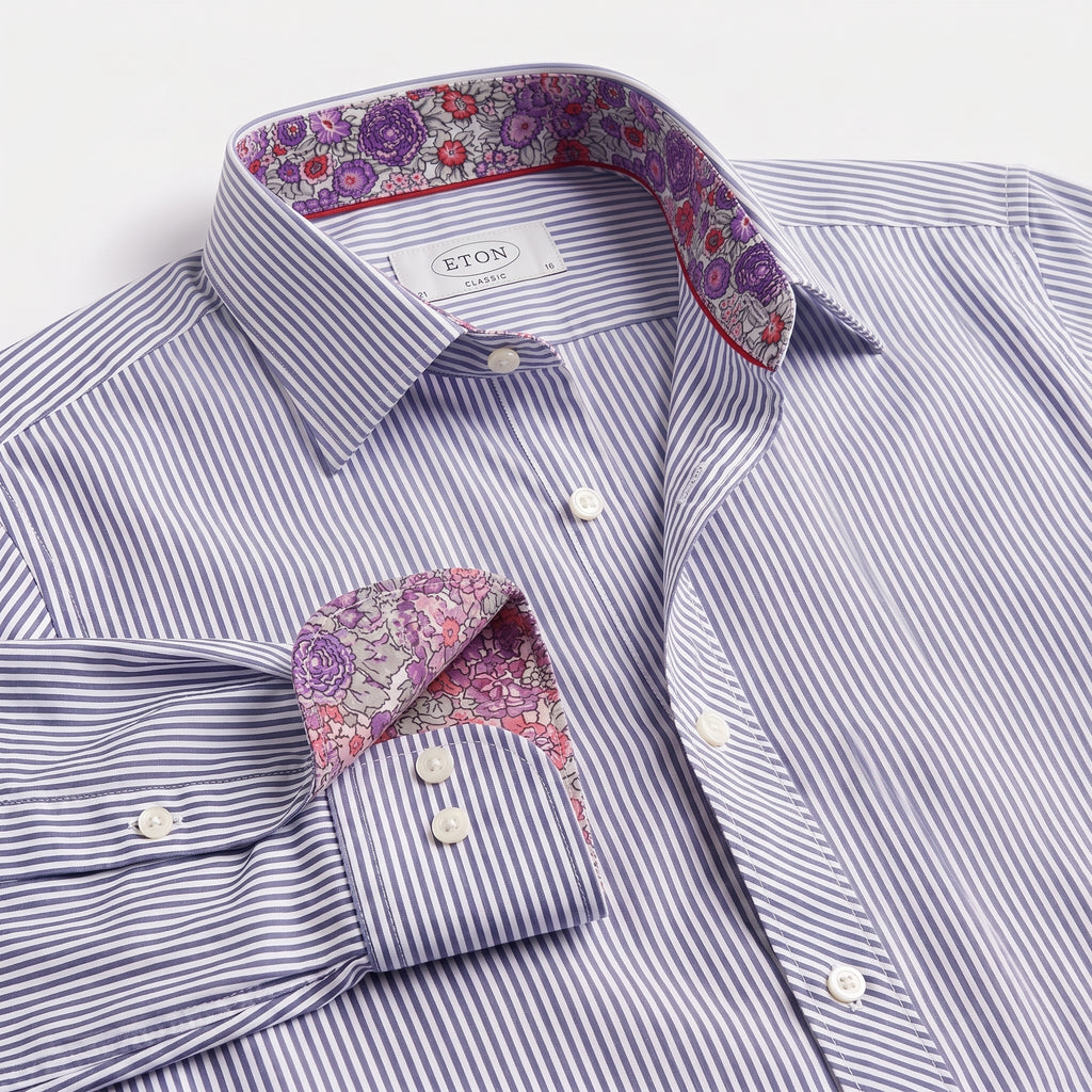 Eton Sweden Blue Striped Floral Lining Shirt