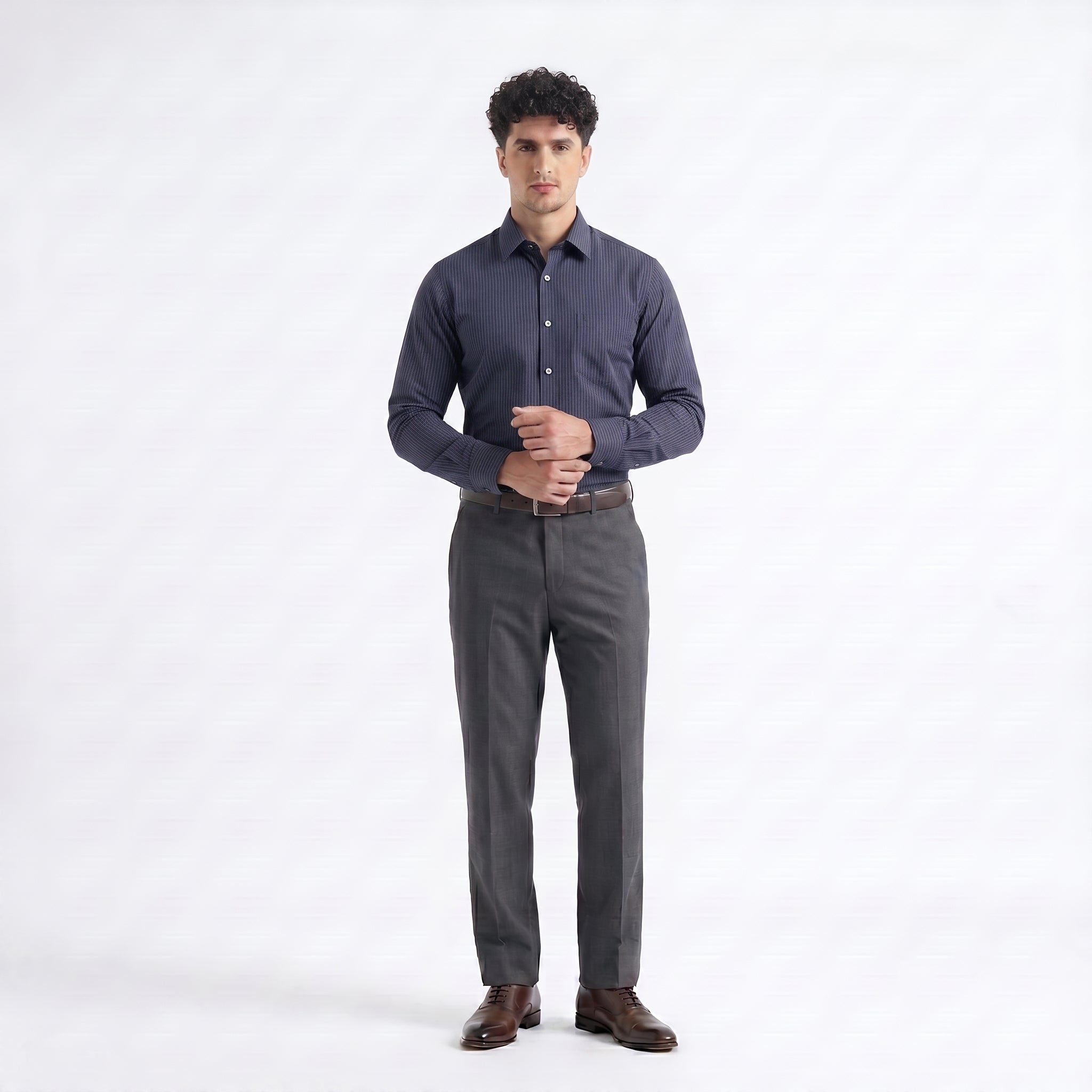 Marks & Spencer Long Sleeve Shirt — Navy Pinstripe