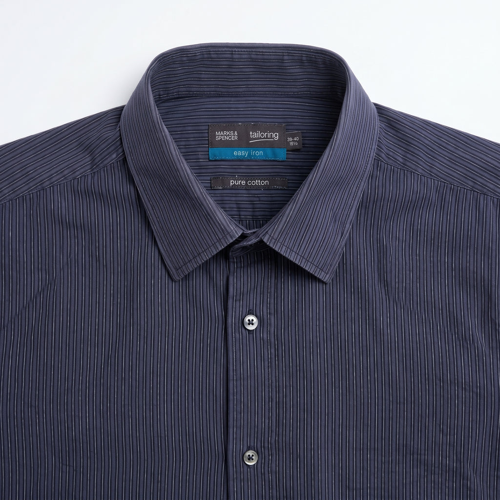 Marks & Spencer Long Sleeve Shirt — Navy Pinstripe